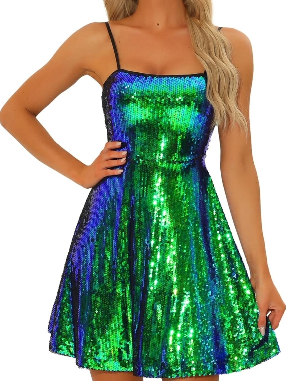Allegra K - Iridecent Green Sequins Mini Dress